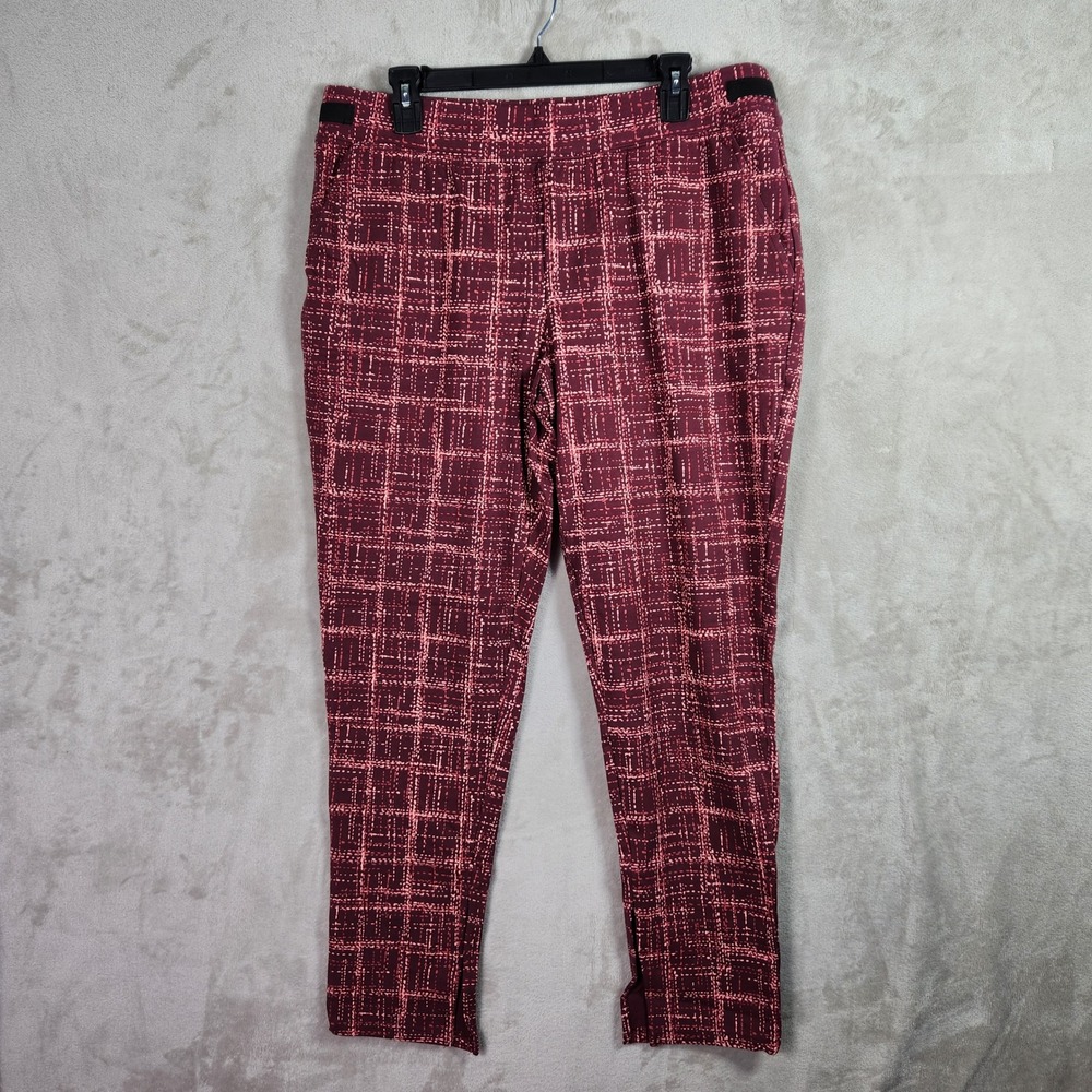 Denim & Co Active Adaptive Pants Womens Large Dark Cherry Plaid Slit Hem A619387